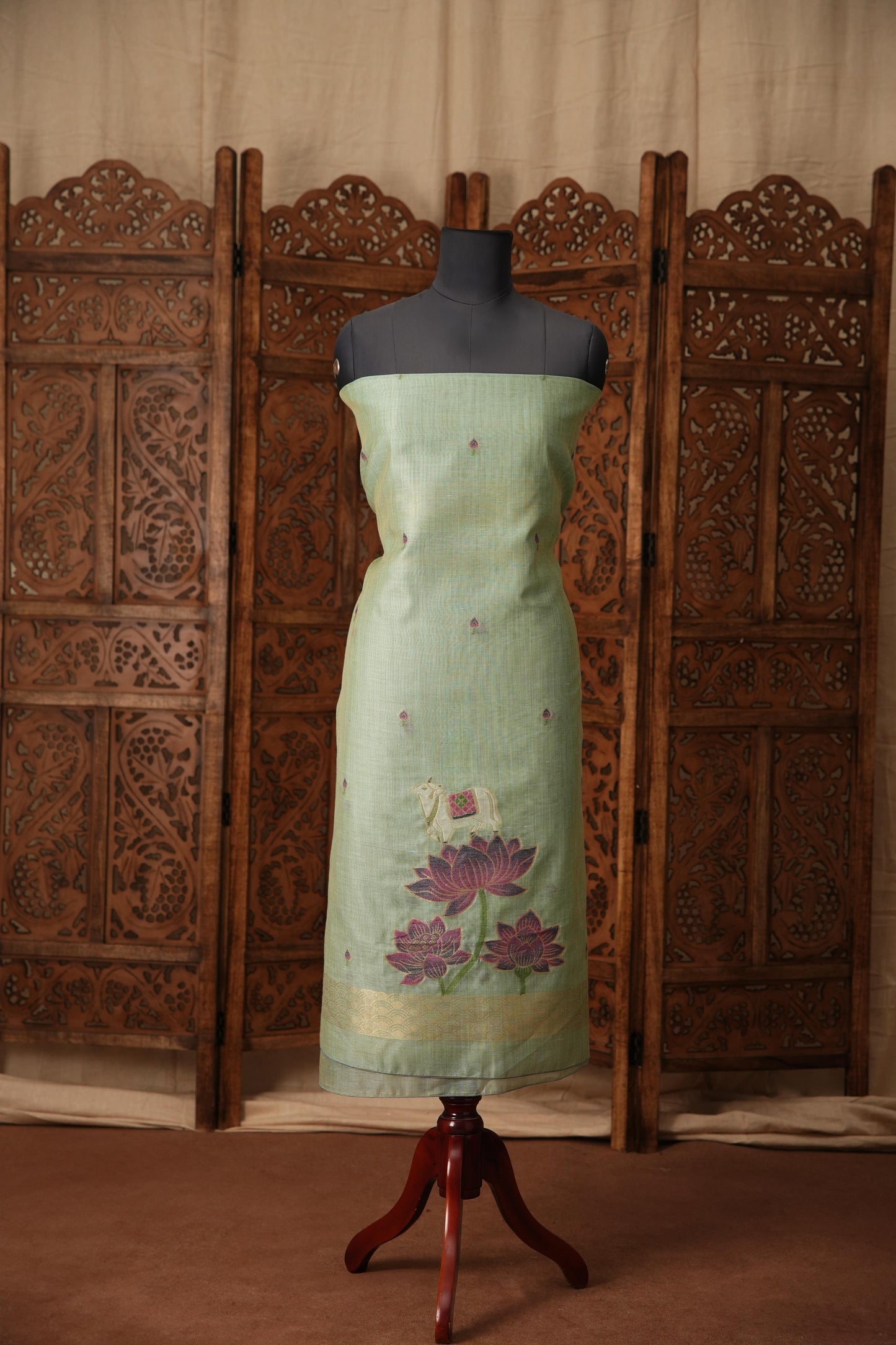 Contemporary Cow Blue Muga Cotton Jamdani Unstitched Suit Set