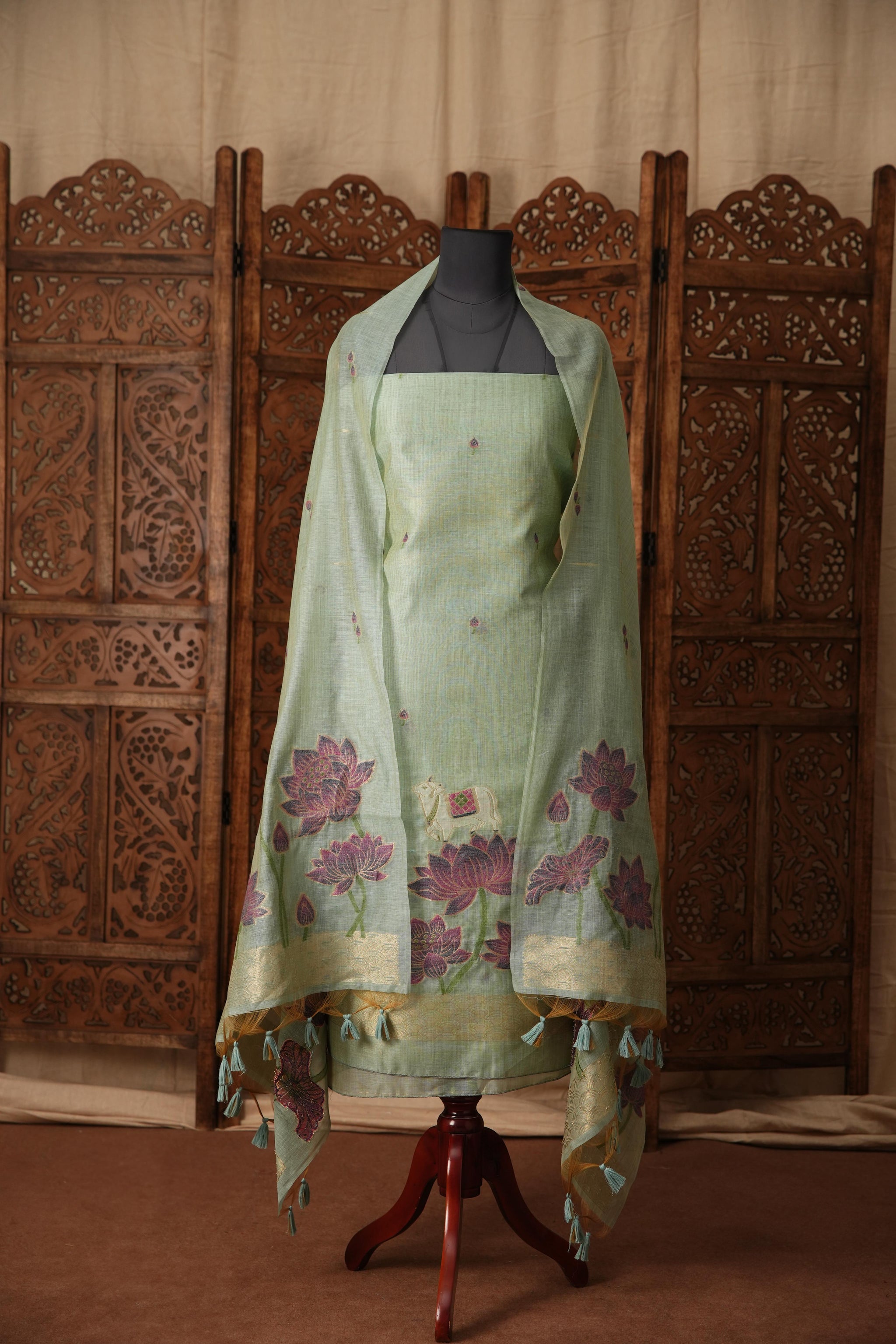 Contemporary Cow Blue Muga Cotton Jamdani Unstitched Suit Set