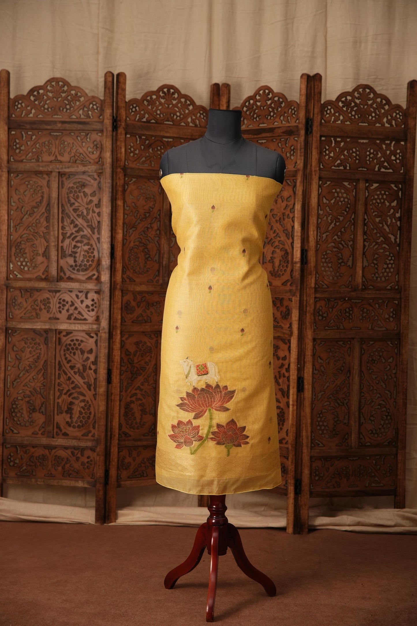 Contemporary Cow Yellow Muga Cotton Jamdani Unstitched Suit Set