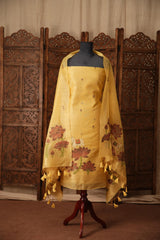 Contemporary Cow Yellow Muga Cotton Jamdani Unstitched Suit Set