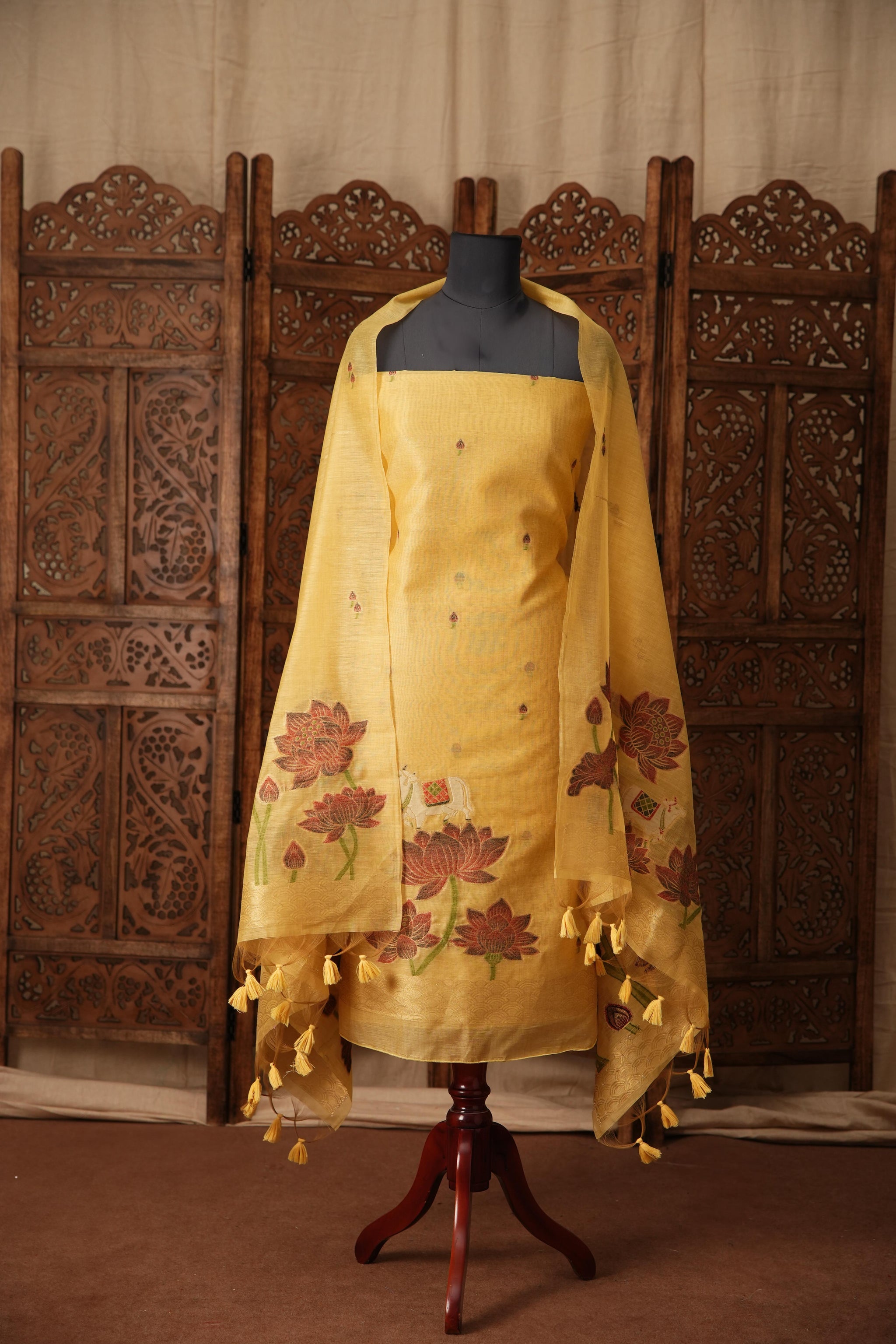 Contemporary Cow Yellow Muga Cotton Jamdani Unstitched Suit Set