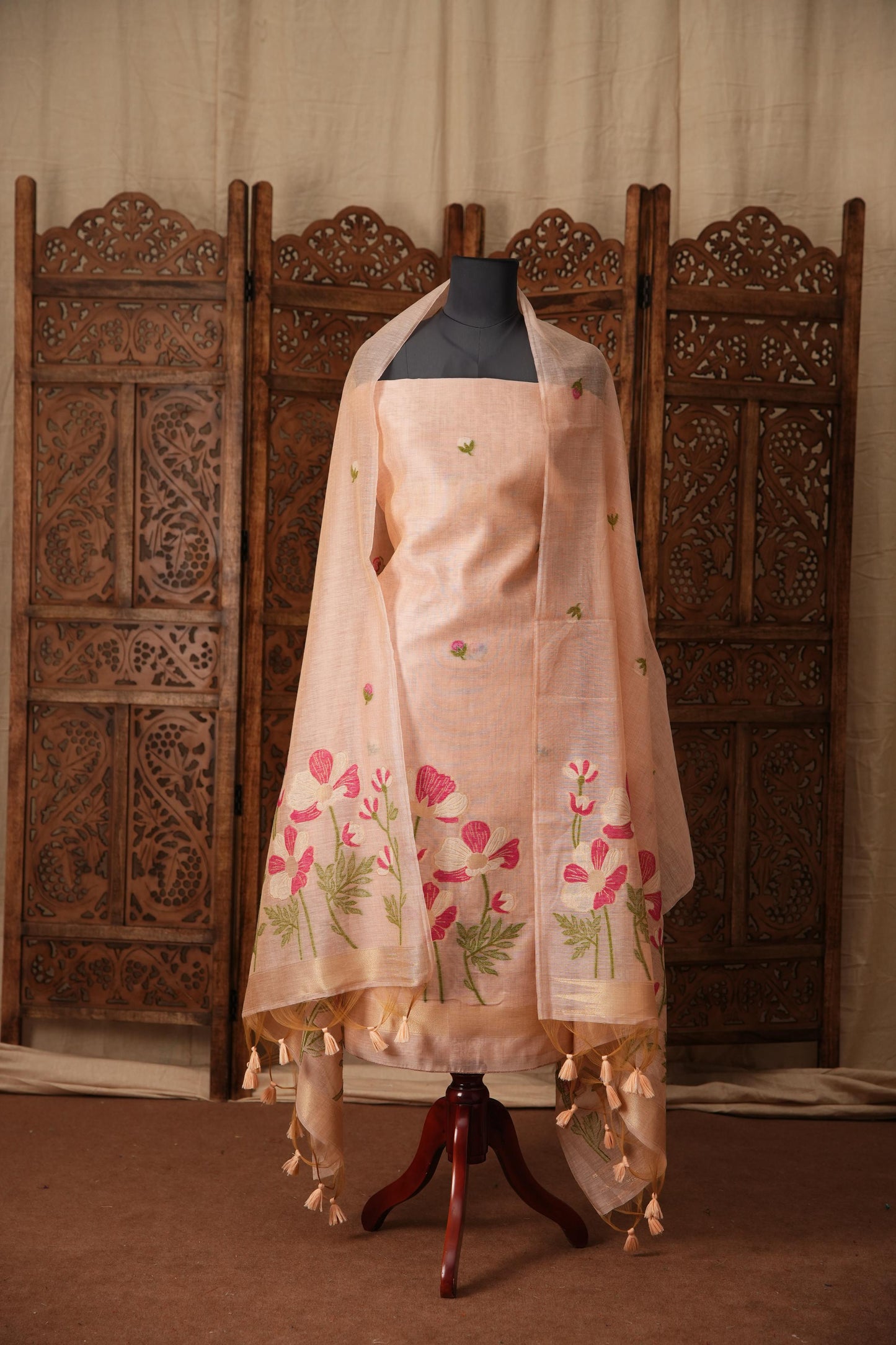 Bovine Chic Pink Muga Cotton Jamdani Unstitched Suit Set
