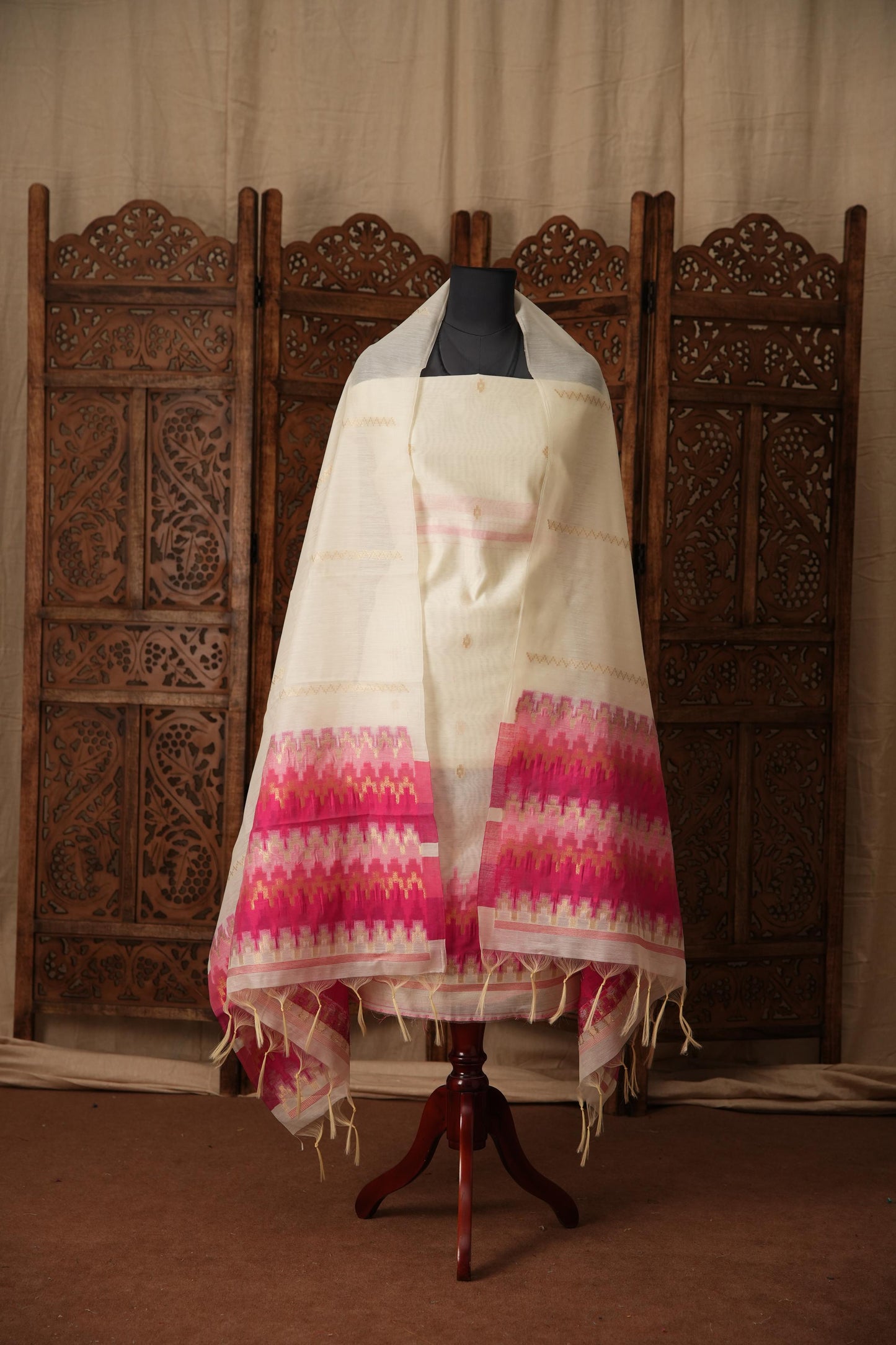 Everyday Elegance White & Pink Muga Cotton Unstitched Suit Set