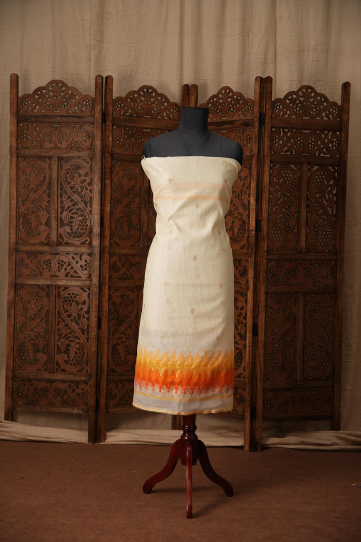 Everyday Elegance White & Orange Muga Cotton Unstitched Suit Set