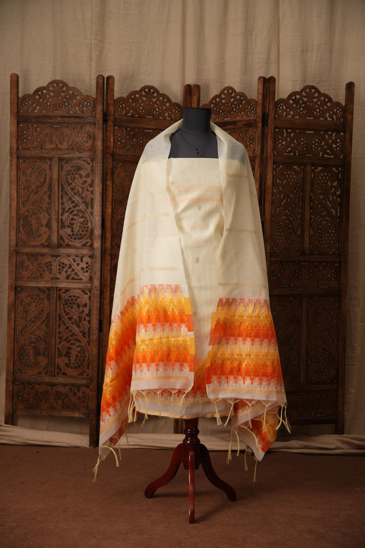 Everyday Elegance White & Orange Muga Cotton Unstitched Suit Set