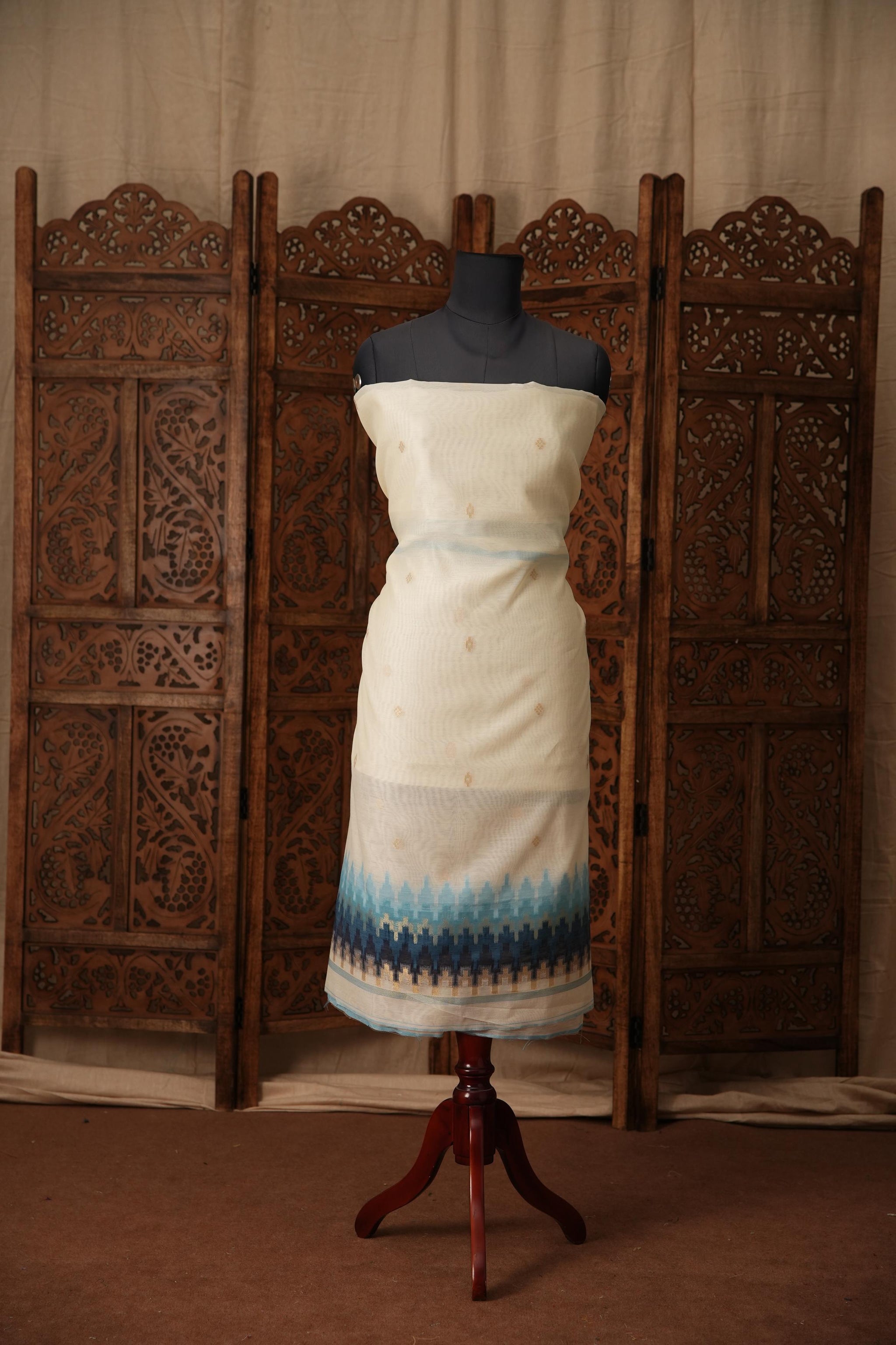 Everyday Elegance White & Blue Muga Cotton Unstitched Suit Set