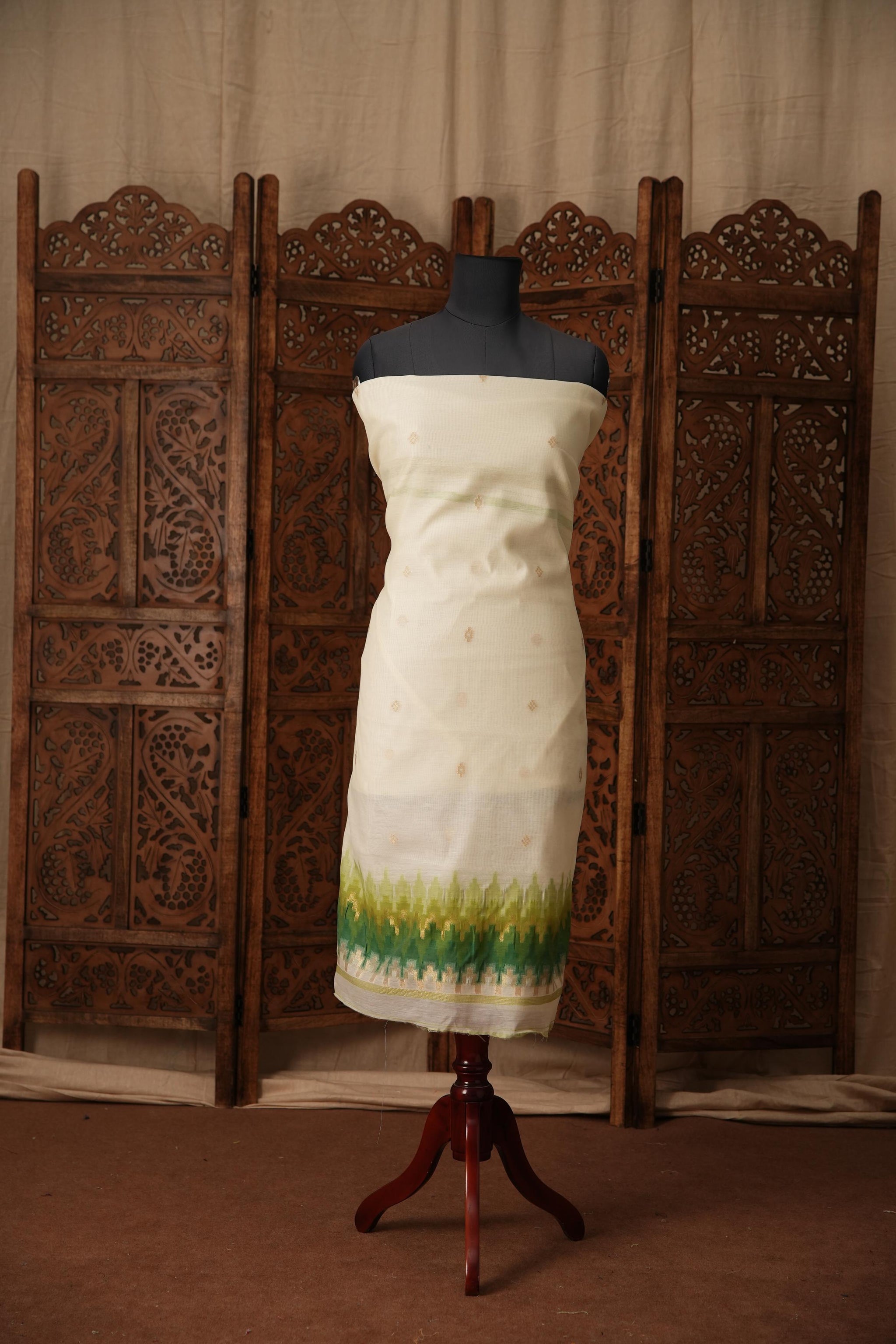 Everyday Elegance White & Green Muga Cotton Unstitched Suit Set