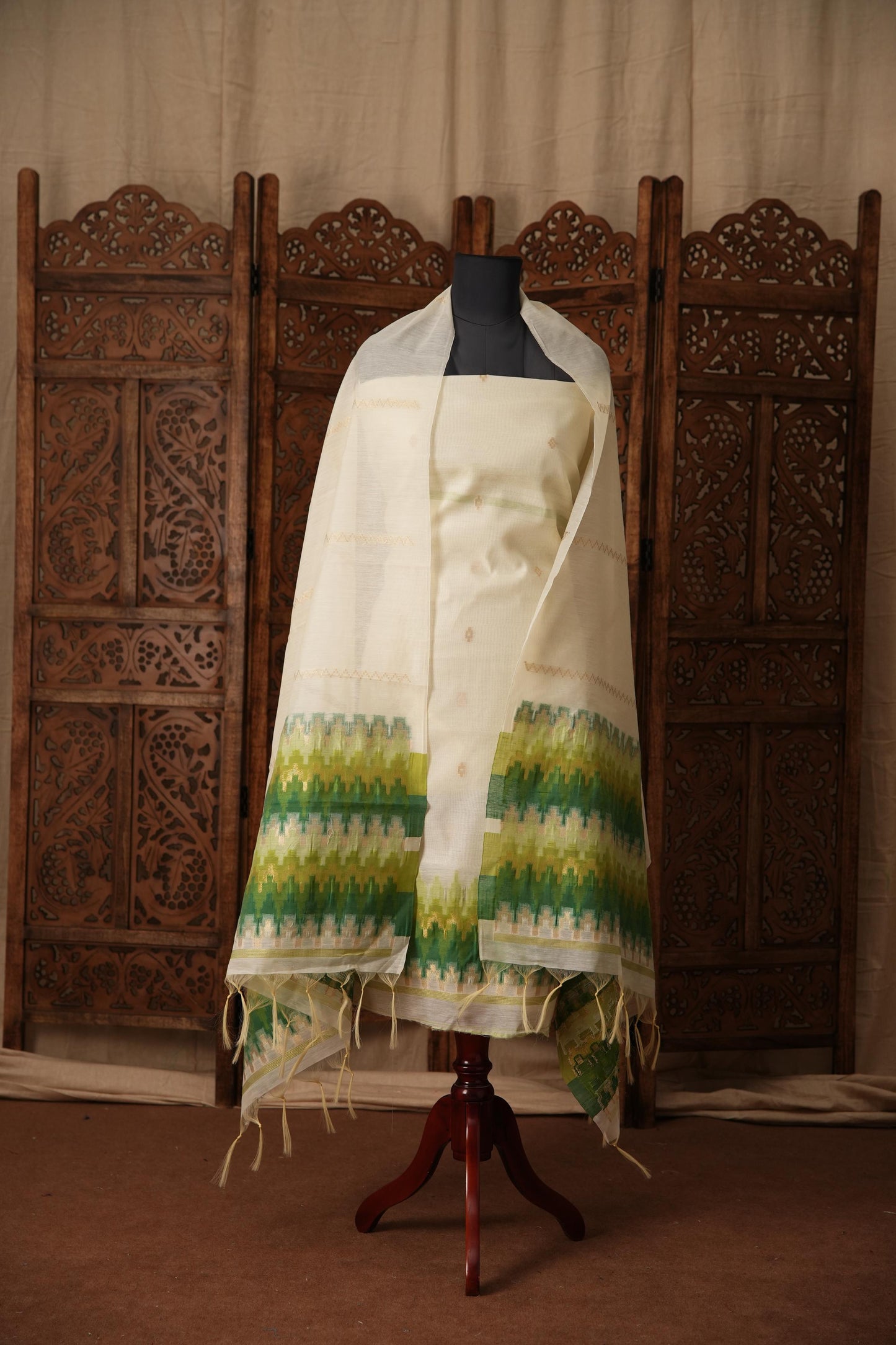 Everyday Elegance White & Green Muga Cotton Unstitched Suit Set