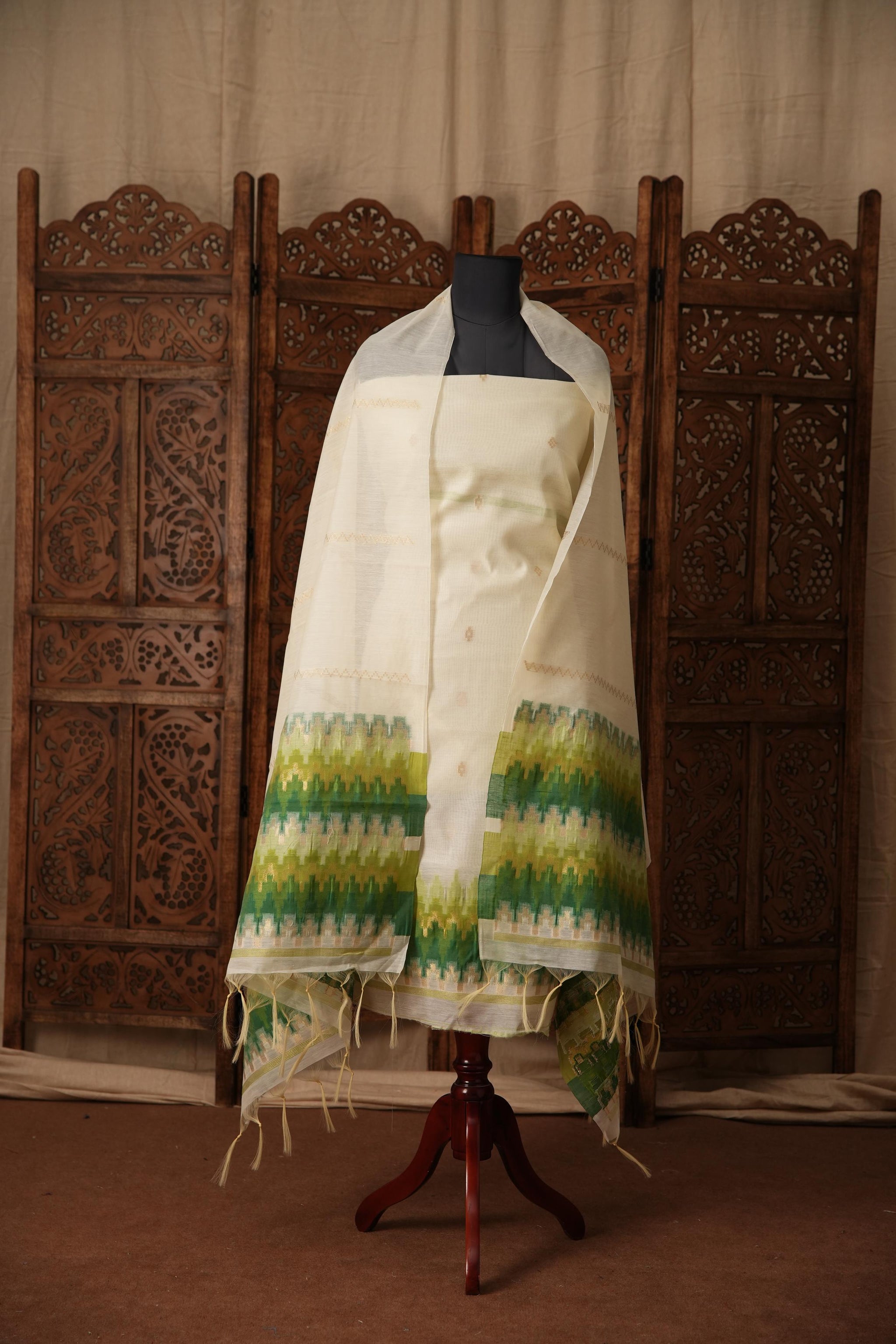 Everyday Elegance White & Green Muga Cotton Unstitched Suit Set