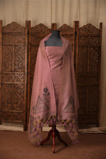 Load image into Gallery viewer, Midnight Bloom Pink Muga Cotton Unstitched Suit Set
