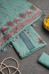 Velour Vignettes Teal Cotton Unstitched Suit Set