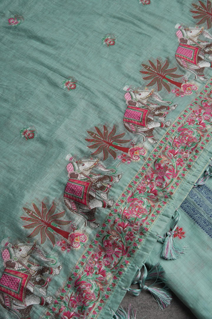 Velour Vignettes Teal Cotton Unstitched Suit Set