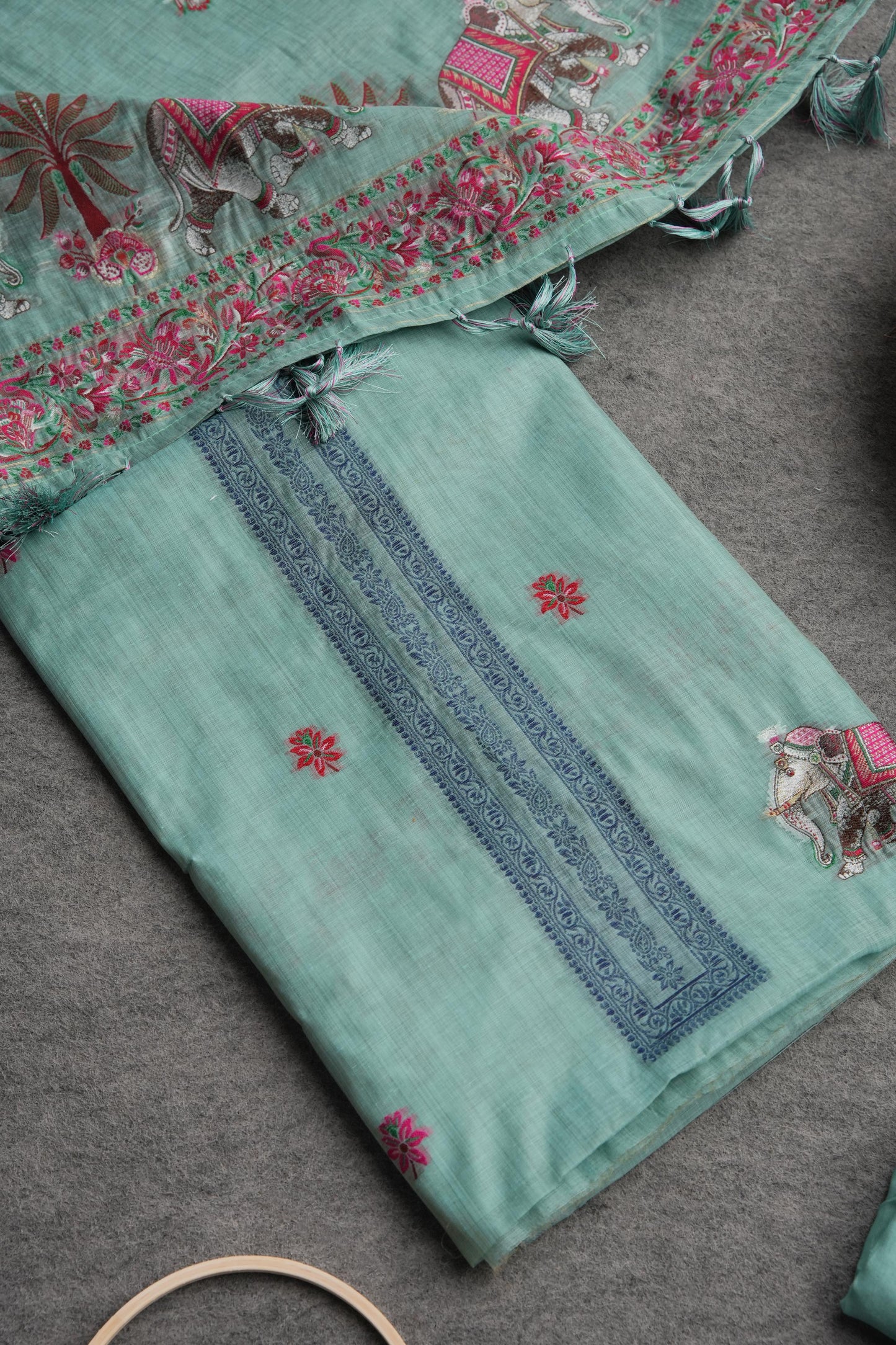 Velour Vignettes Teal Cotton Unstitched Suit Set