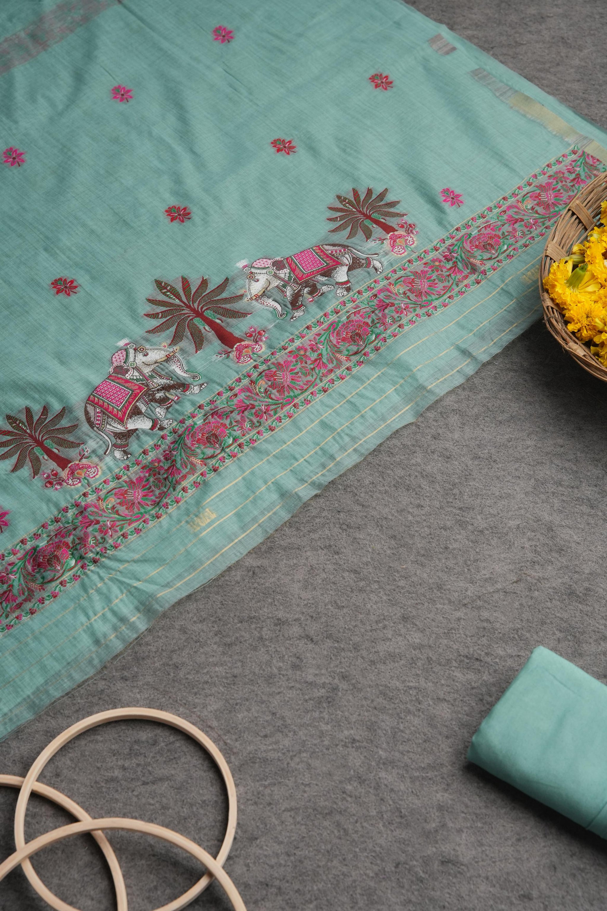 Velour Vignettes Teal Cotton Unstitched Suit Set