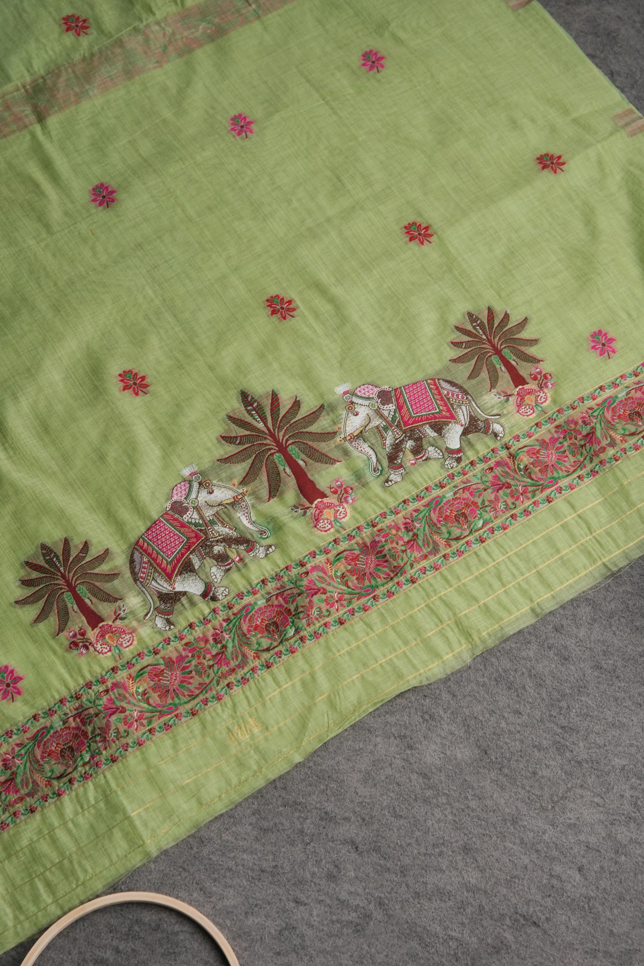 Velour Vignettes Green Cotton Unstitched Suit Set