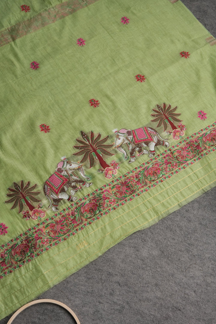 Velour Vignettes Green Cotton Unstitched Suit Set