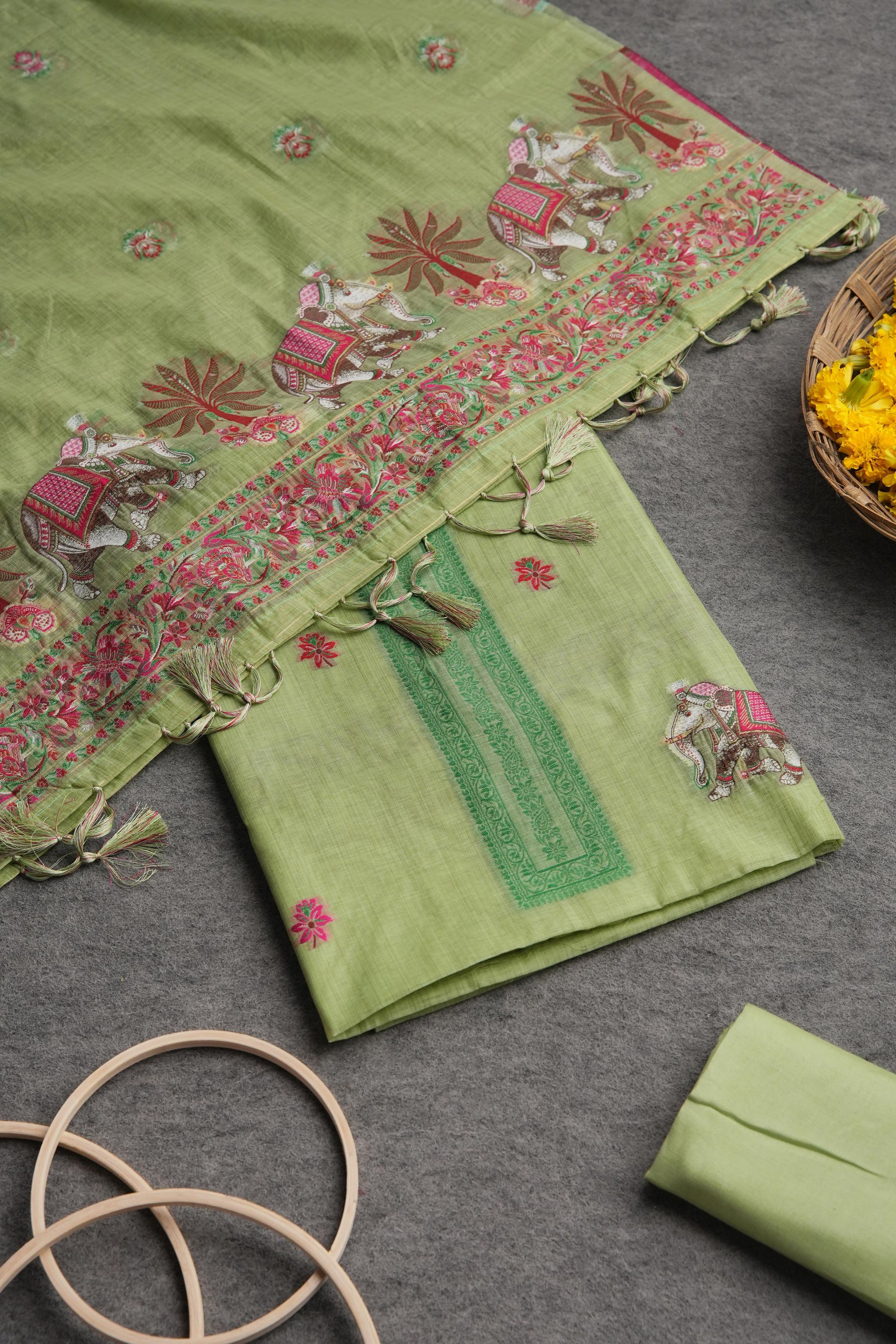 Velour Vignettes Green Cotton Unstitched Suit Set