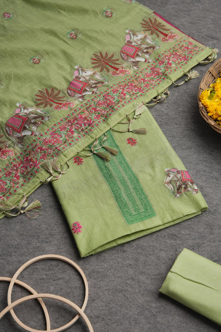 Velour Vignettes Green Cotton Unstitched Suit Set