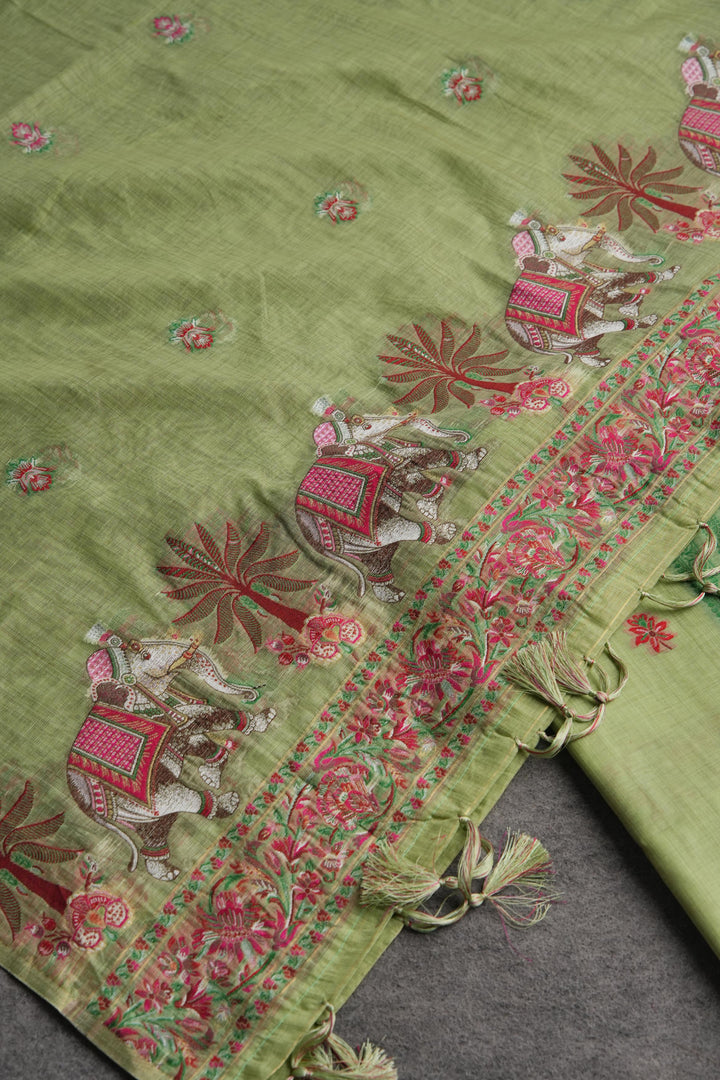 Velour Vignettes Green Cotton Unstitched Suit Set