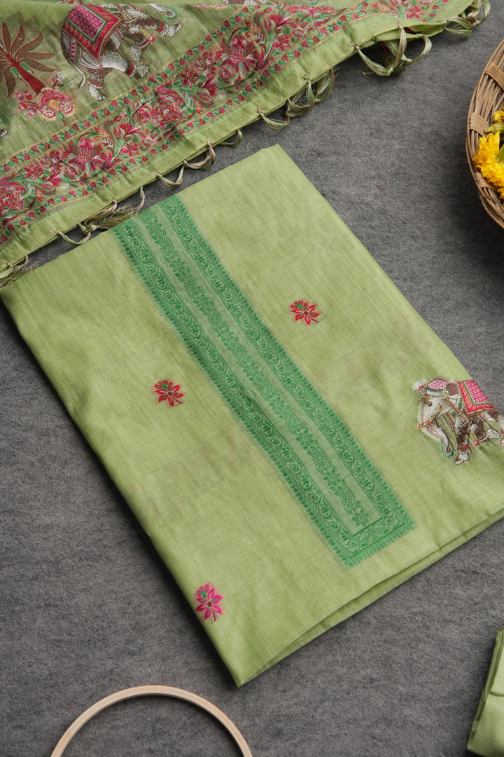 Velour Vignettes Green Cotton Unstitched Suit Set
