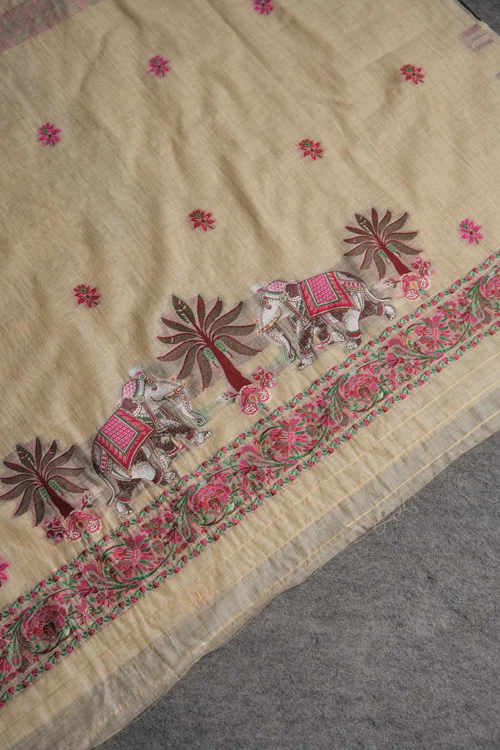 Velour Vignettes Beige Cotton Unstitched Suit Set