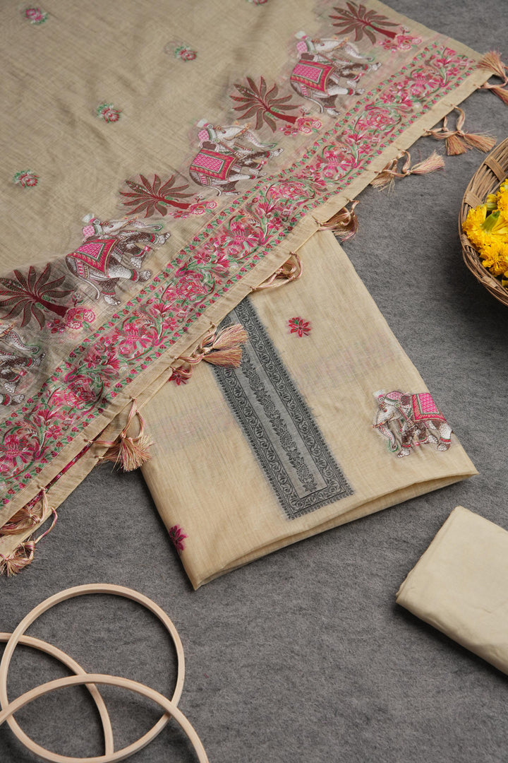 Velour Vignettes Beige Cotton Unstitched Suit Set