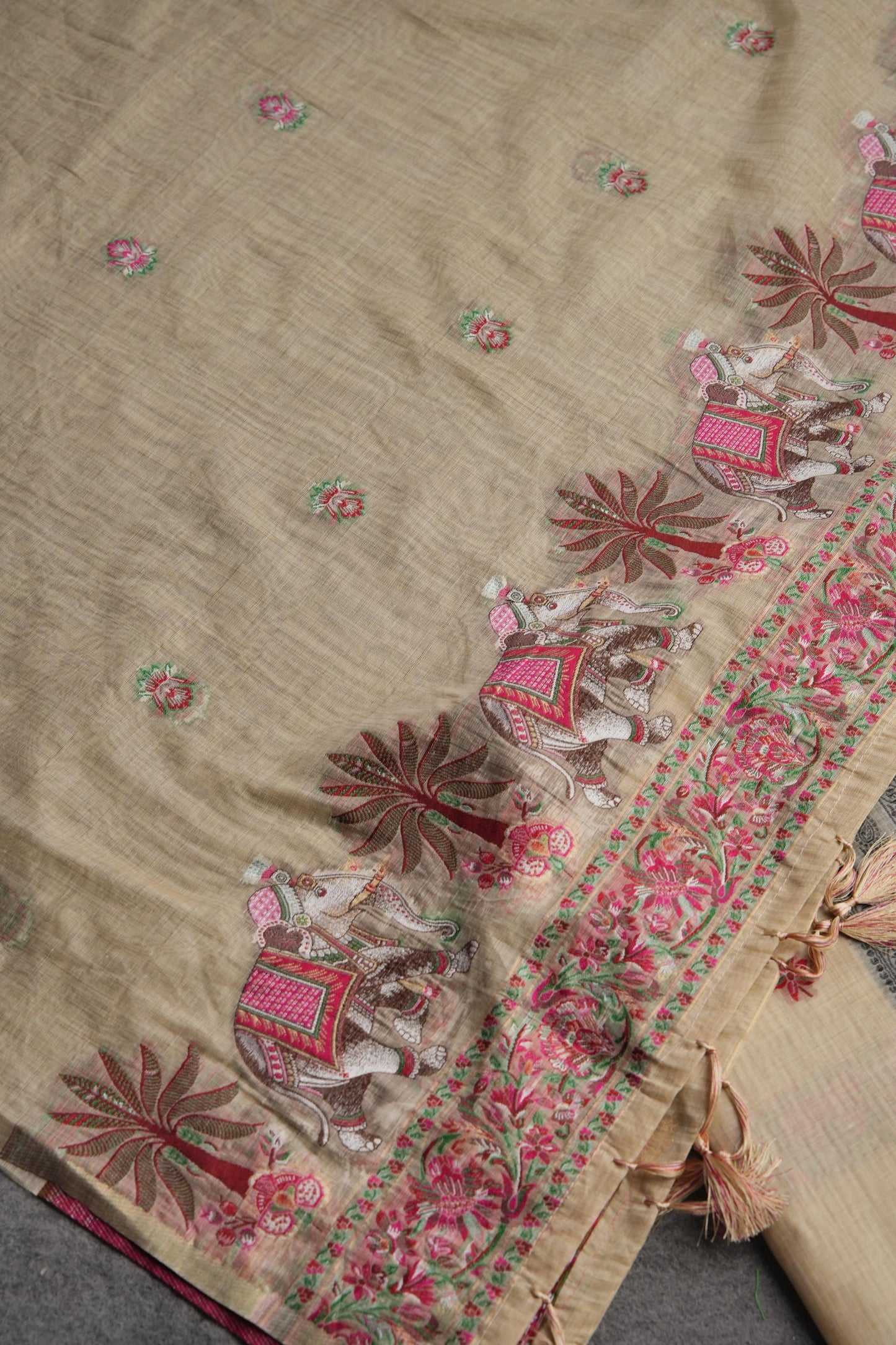 Velour Vignettes Beige Cotton Unstitched Suit Set