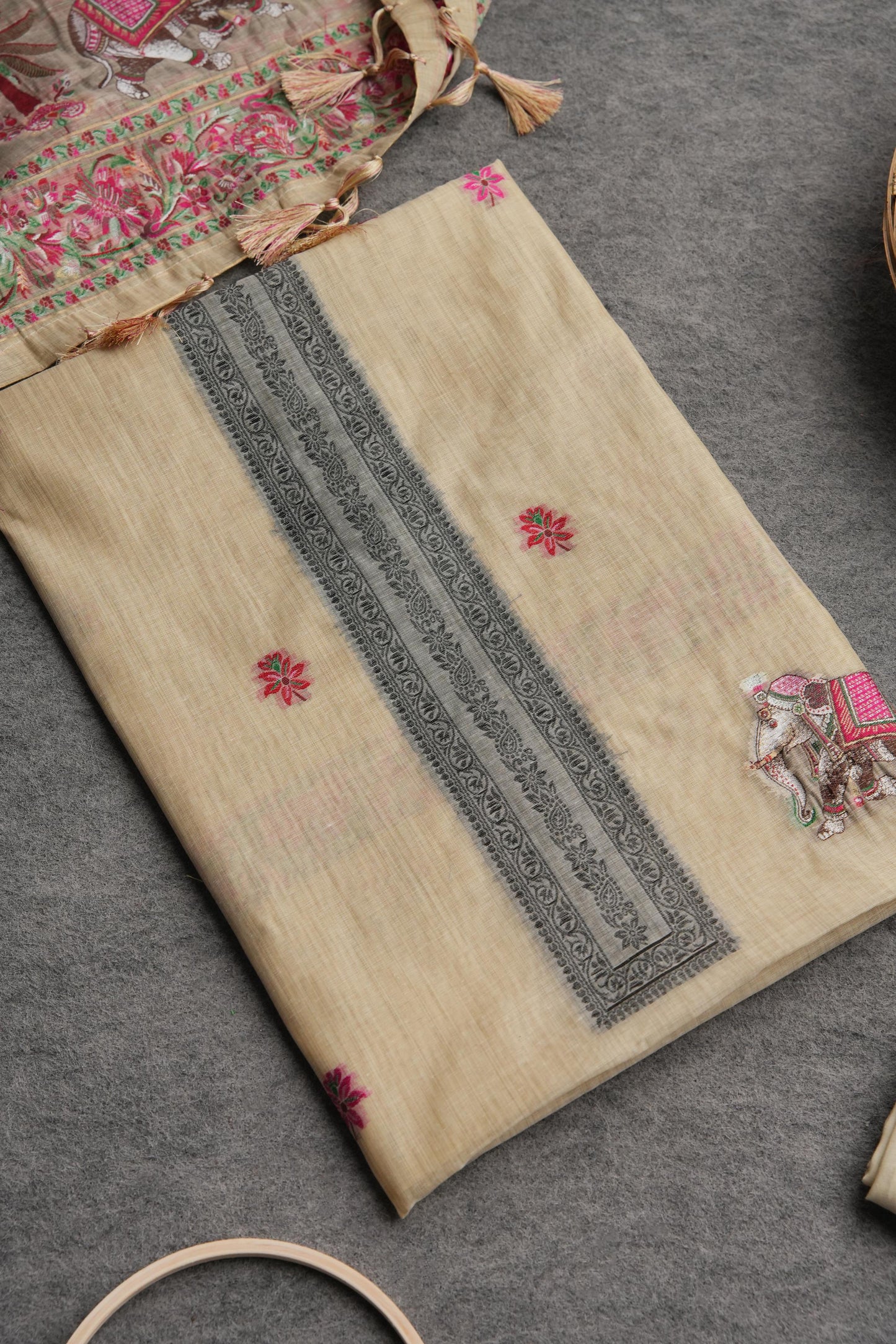 Velour Vignettes Beige Cotton Unstitched Suit Set