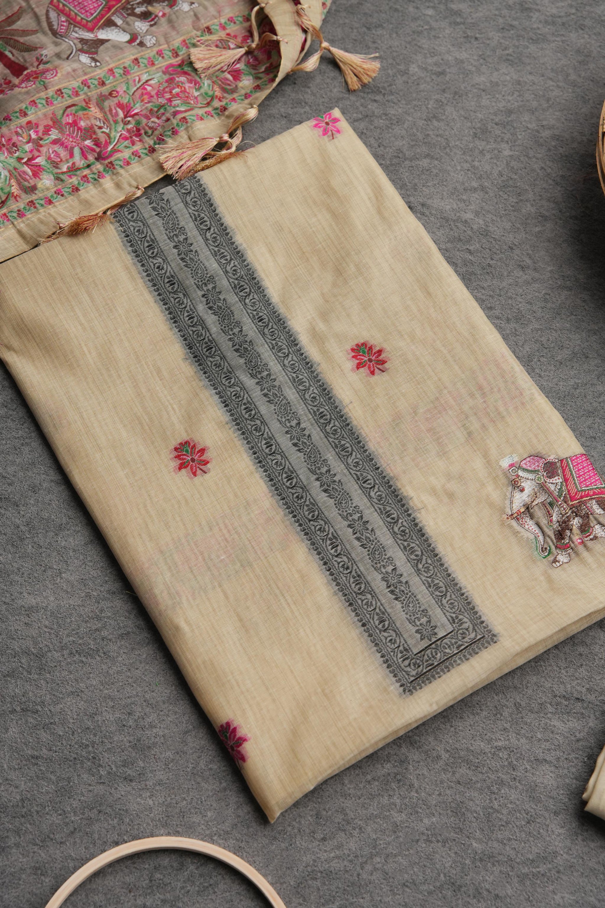 Velour Vignettes Beige Cotton Unstitched Suit Set