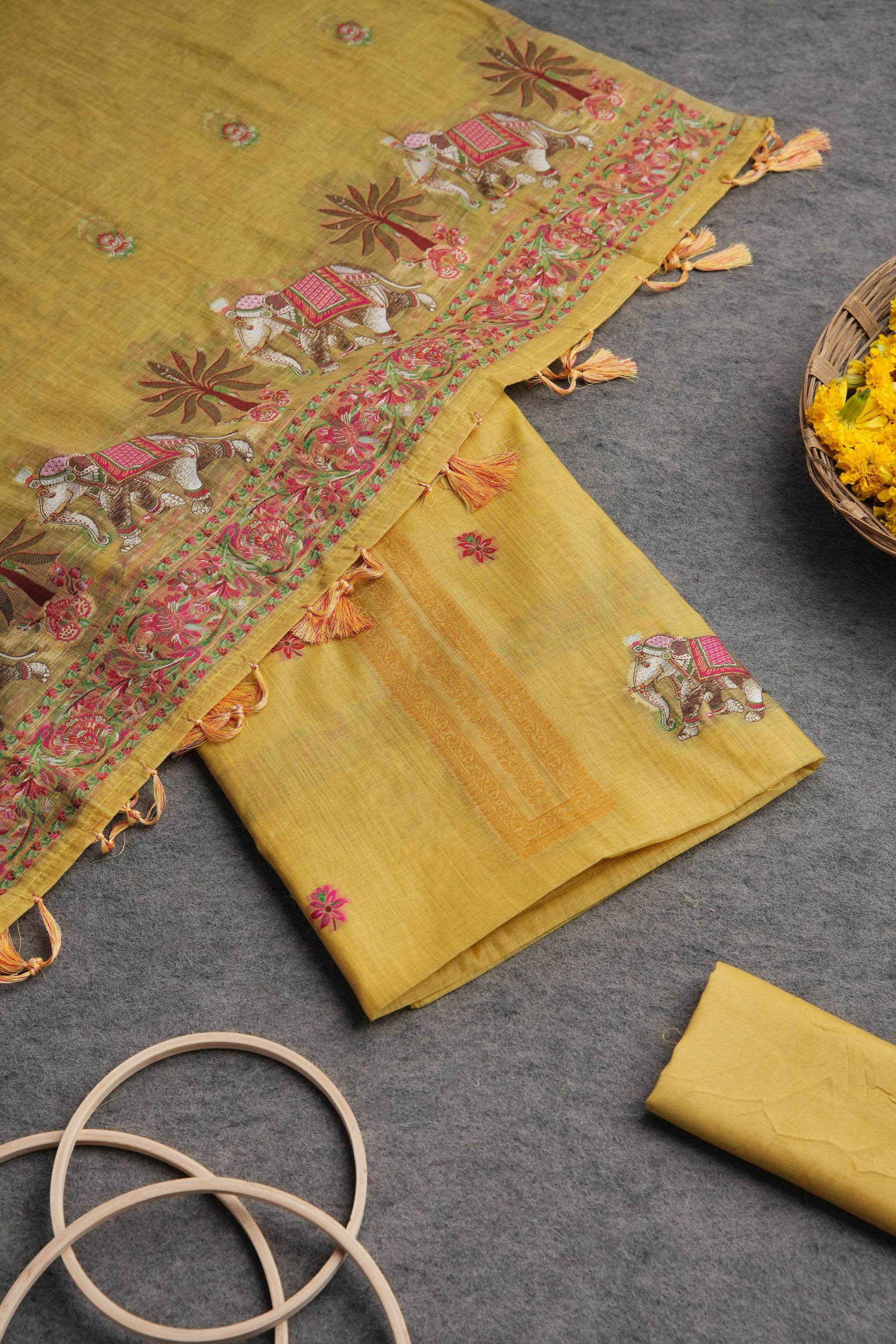 Velour Vignettes Yellow Cotton Unstitched Suit Set