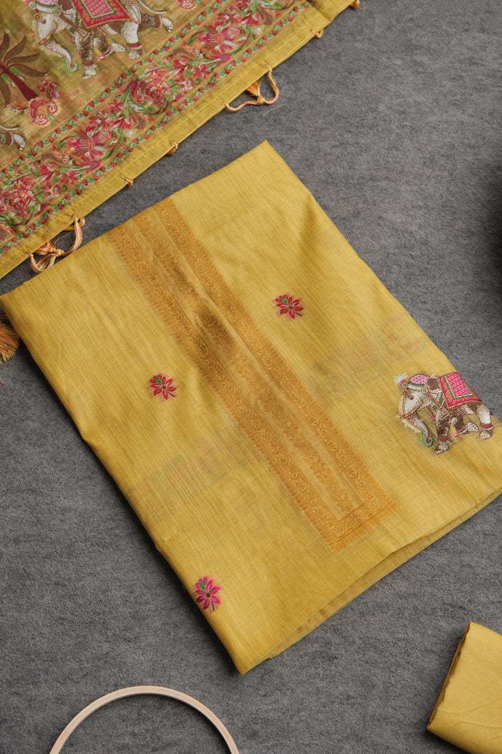 Velour Vignettes Yellow Cotton Unstitched Suit Set