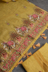 Velour Vignettes Yellow Cotton Unstitched Suit Set