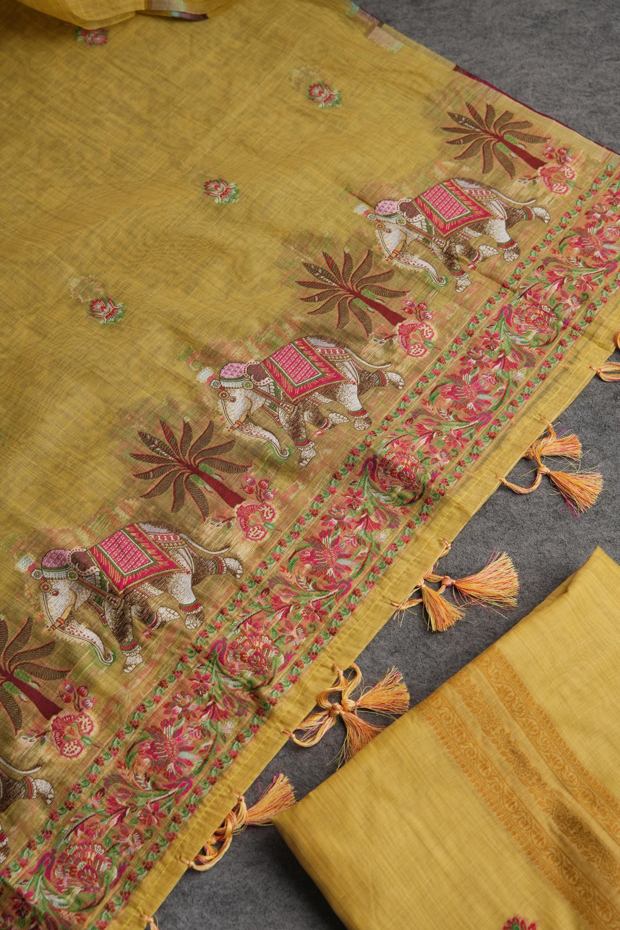 Velour Vignettes Yellow Cotton Unstitched Suit Set