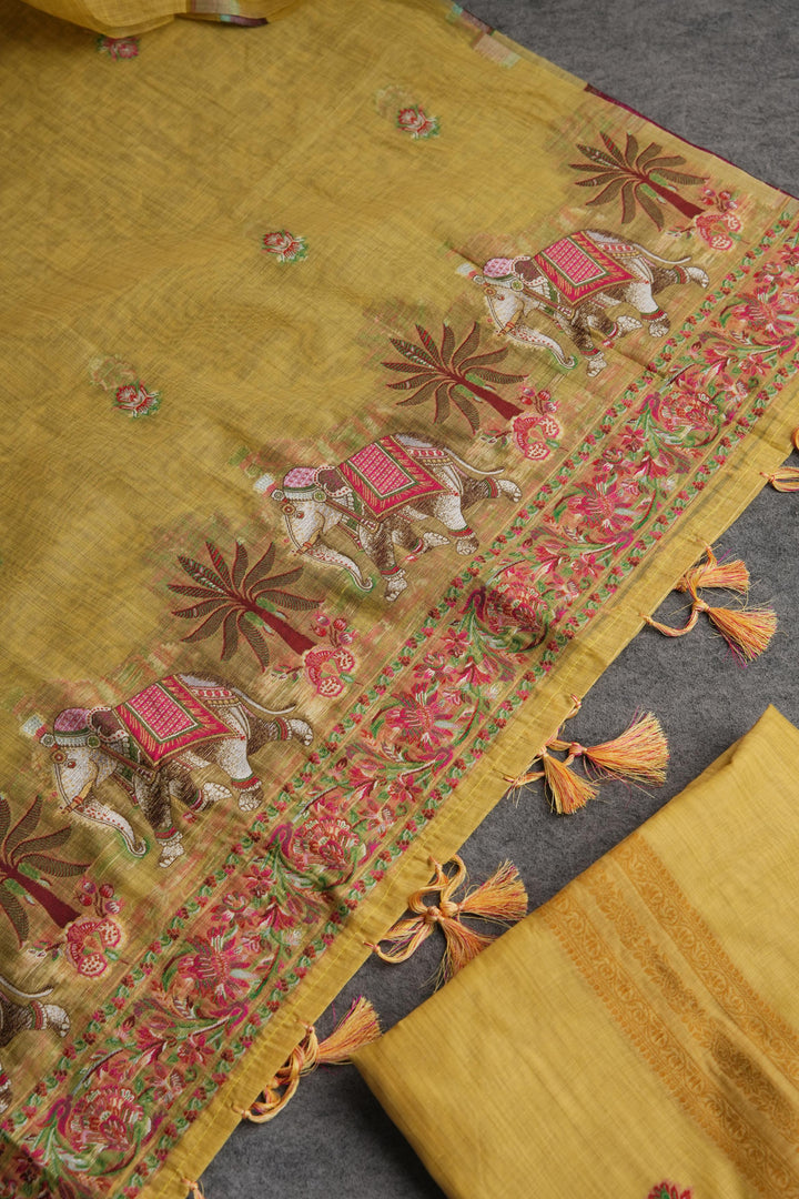 Velour Vignettes Yellow Cotton Unstitched Suit Set