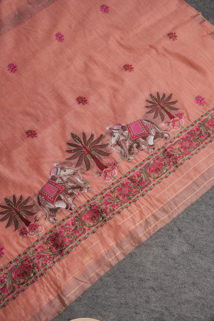 Velour Vignettes Peach Cotton Unstitched Suit Set