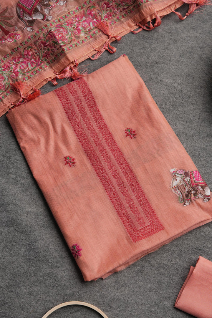 Velour Vignettes Peach Cotton Unstitched Suit Set