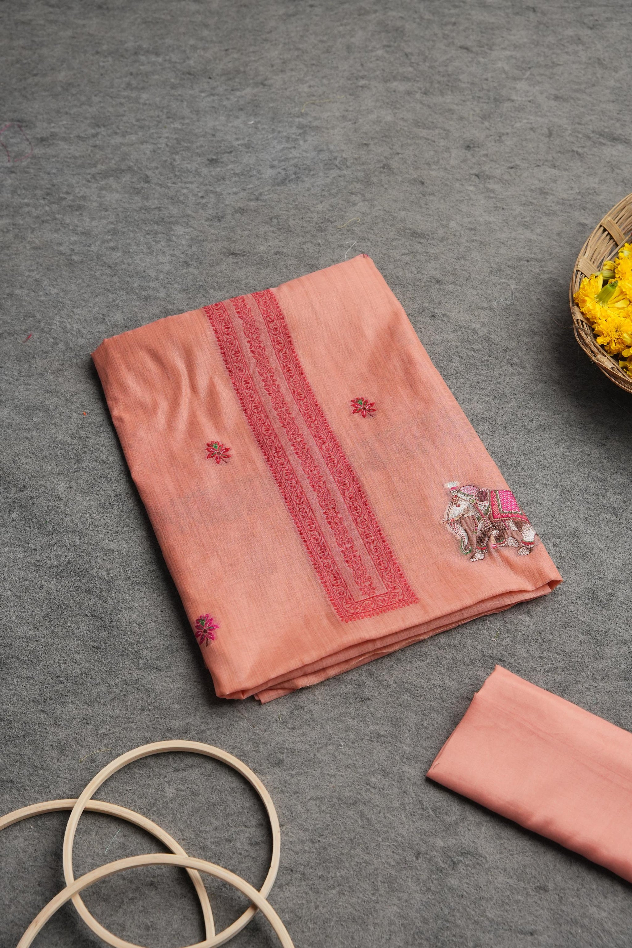 Velour Vignettes Peach Cotton Unstitched Suit Set