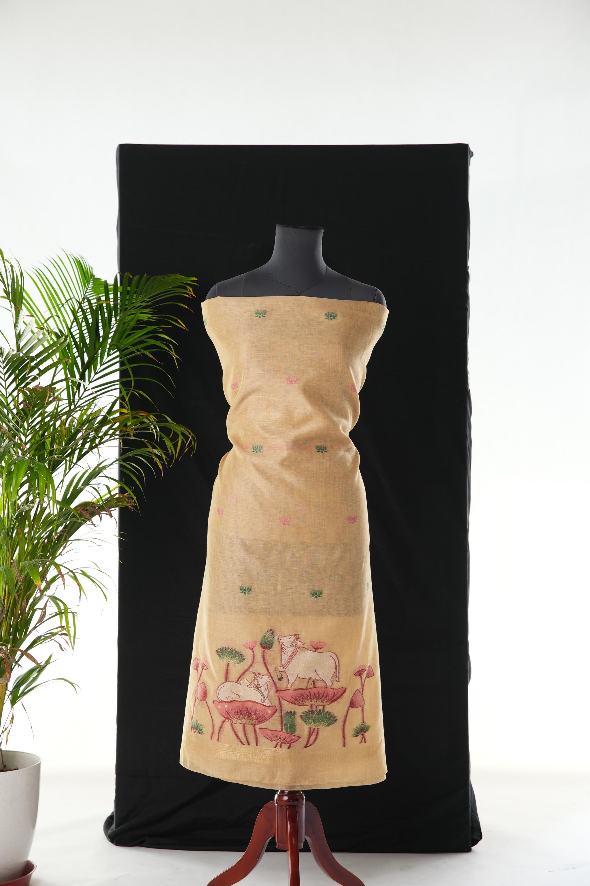 Contemporary Florals Beige Muga Cotton Pichwai Jamdani Unstitched Suit Set