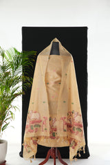 Contemporary Florals Beige Muga Cotton Pichwai Jamdani Unstitched Suit Set