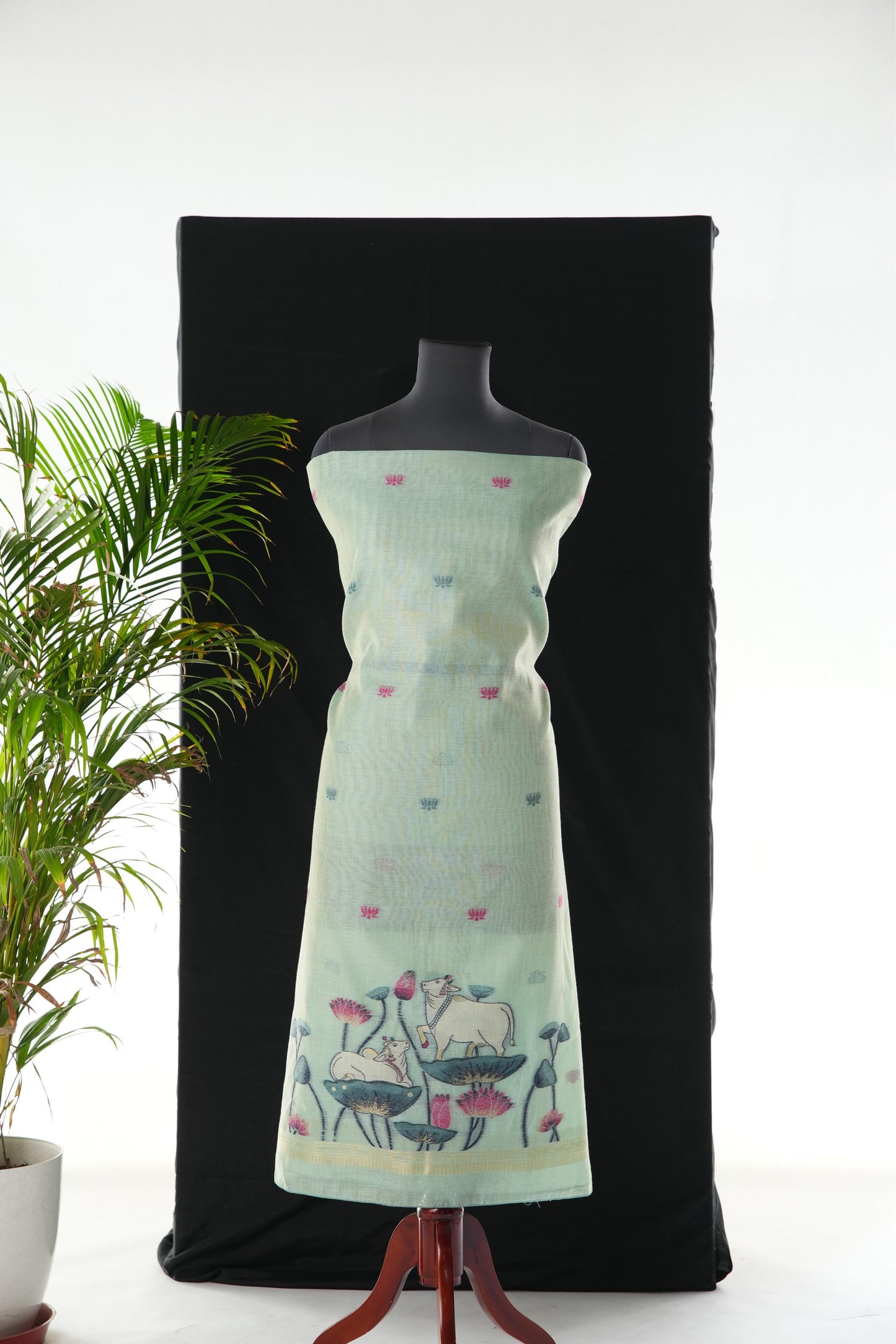 Contemporary Florals Sky Blue Muga Cotton Pichwai Jamdani Unstitched Suit Set