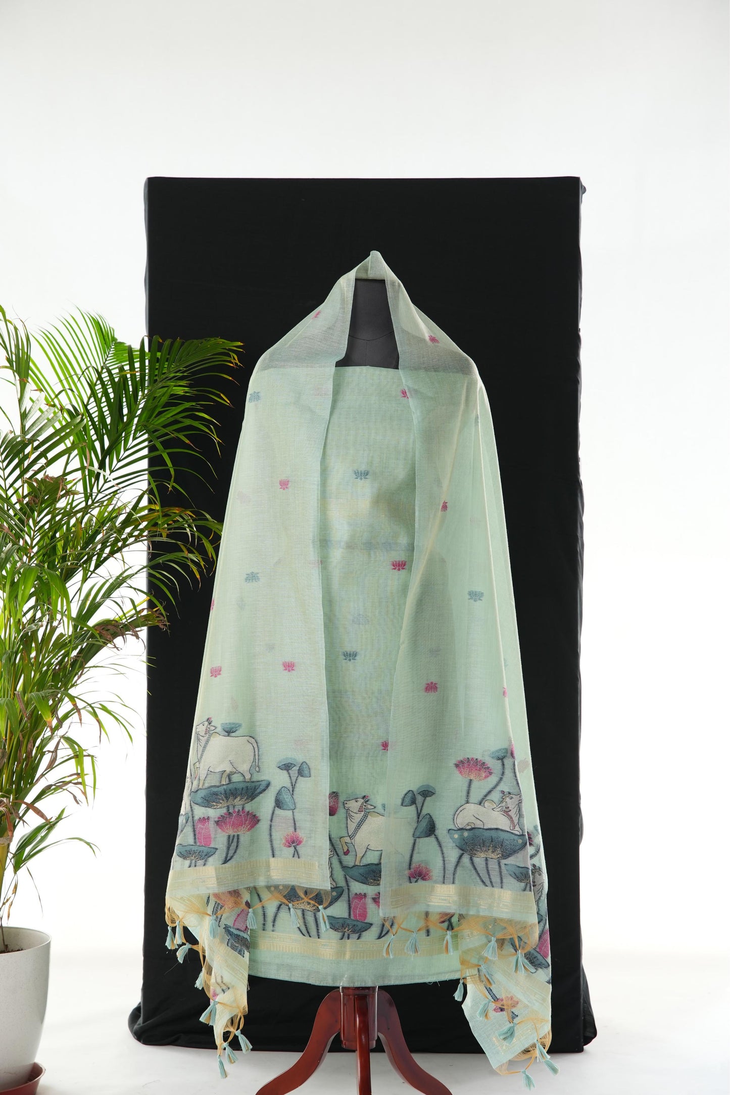 Contemporary Florals Sky Blue Muga Cotton Pichwai Jamdani Unstitched Suit Set