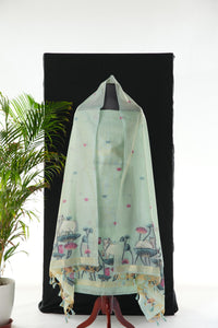 Contemporary Florals Sky Blue Muga Cotton Pichwai Jamdani Unstitched Suit Set