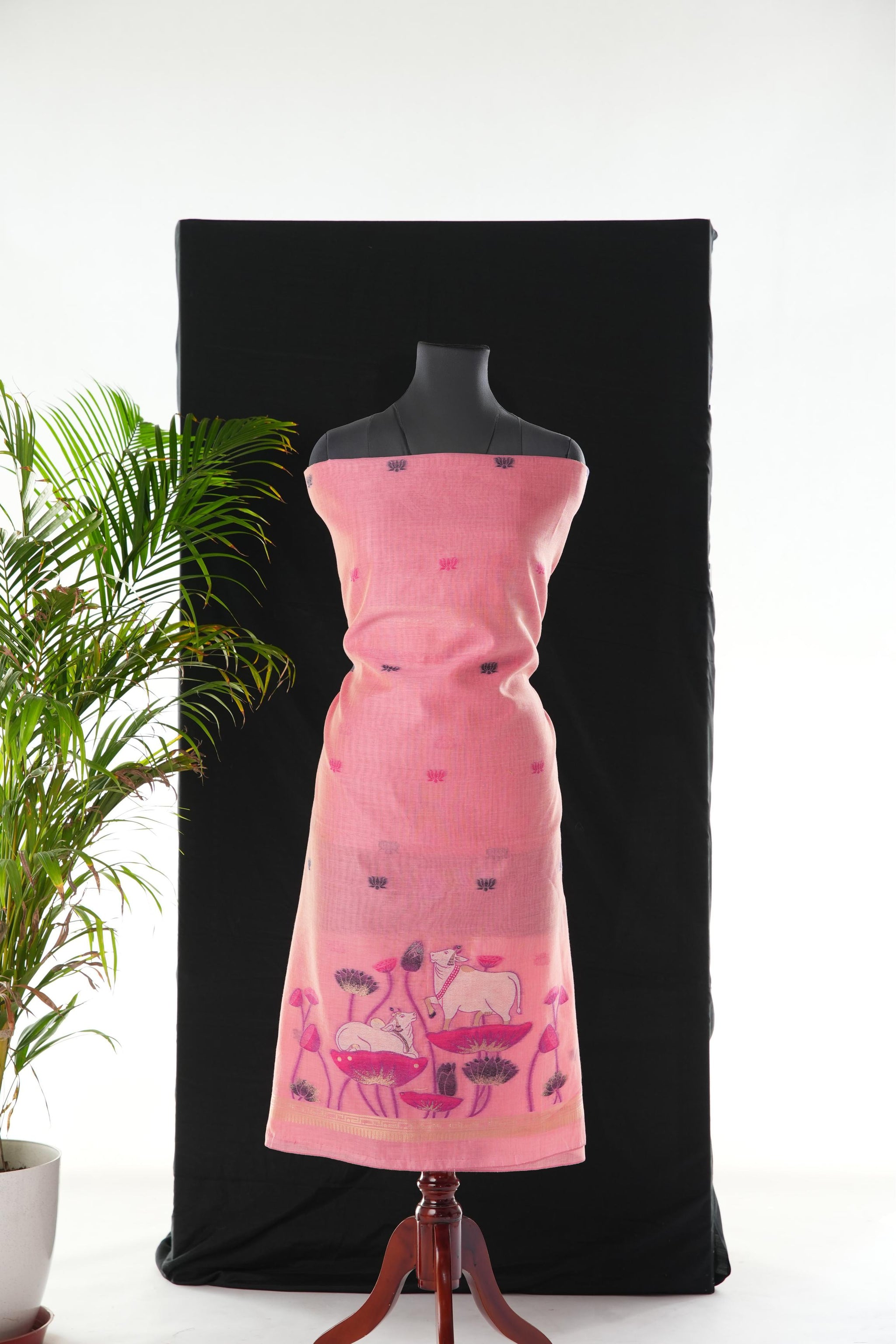 Contemporary Florals Pink Muga Cotton Pichwai Jamdani Unstitched Suit Set