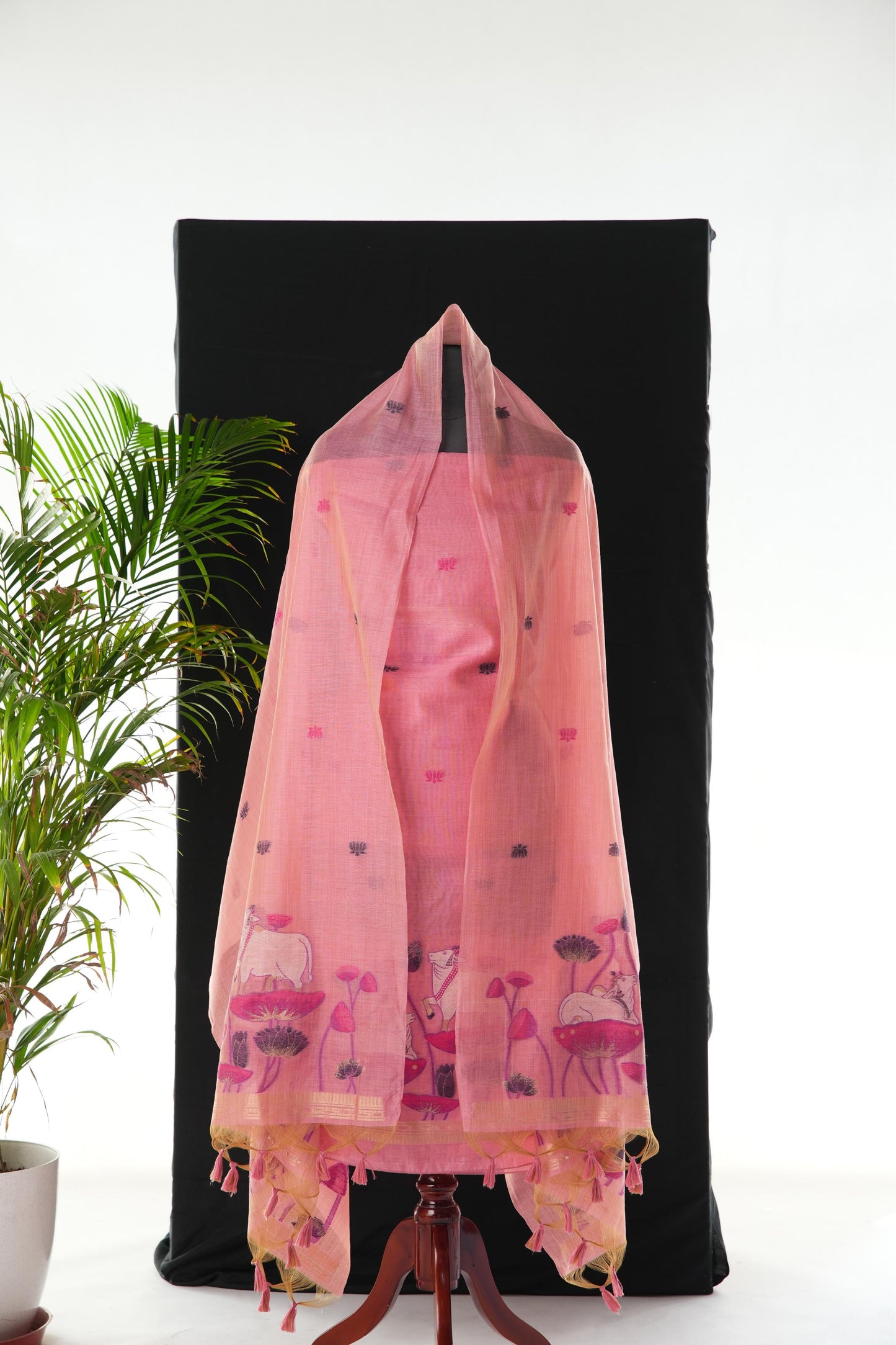 Contemporary Florals Pink Muga Cotton Pichwai Jamdani Unstitched Suit Set