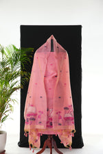 Load image into Gallery viewer, Contemporary Florals Pink Muga Cotton Pichwai Jamdani Unstitched Suit Set

