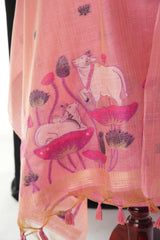 Contemporary Florals Pink Muga Cotton Pichwai Jamdani Unstitched Suit Set