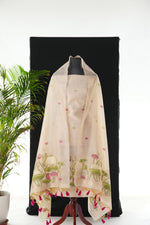 Load image into Gallery viewer, Contemporary Florals Off- White Muga Cotton Pichwai Jamdani Unstitched Suit Set

