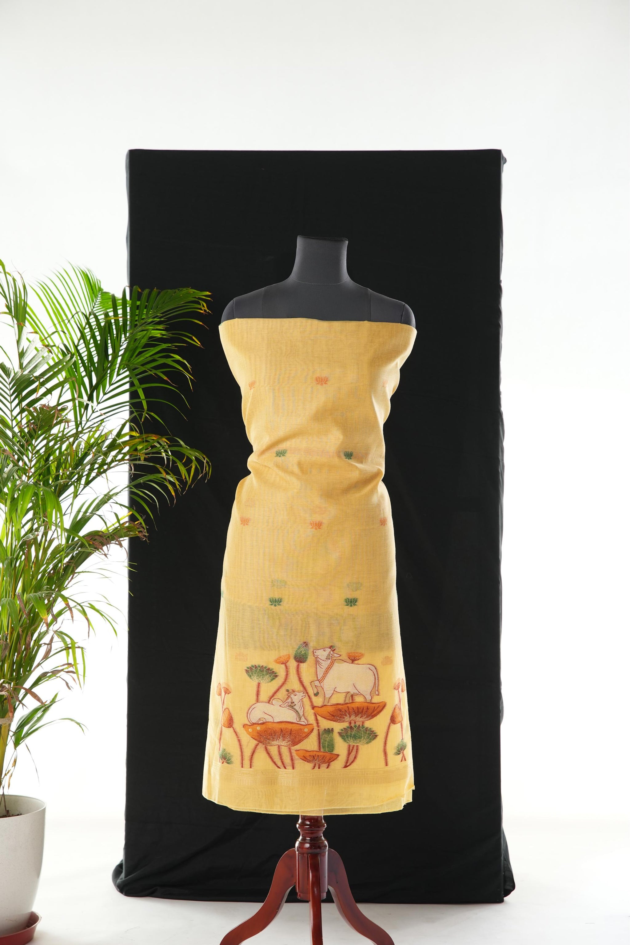 Contemporary Florals Yellow Muga Cotton Pichwai Jamdani Unstitched Suit Set