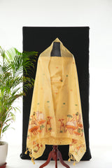 Contemporary Florals Yellow Muga Cotton Pichwai Jamdani Unstitched Suit Set