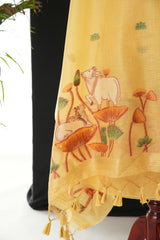 Contemporary Florals Yellow Muga Cotton Pichwai Jamdani Unstitched Suit Set